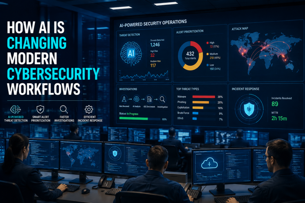 A modern Security Operations Center (SOC) featuring cybersecurity analysts monitoring AI-powered threat detection dashboards, network activity, cloud security systems, and real-time digital alerts.