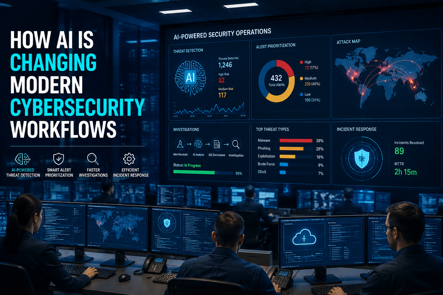 A modern Security Operations Center (SOC) featuring cybersecurity analysts monitoring AI-powered threat detection dashboards, network activity, cloud security systems, and real-time digital alerts.